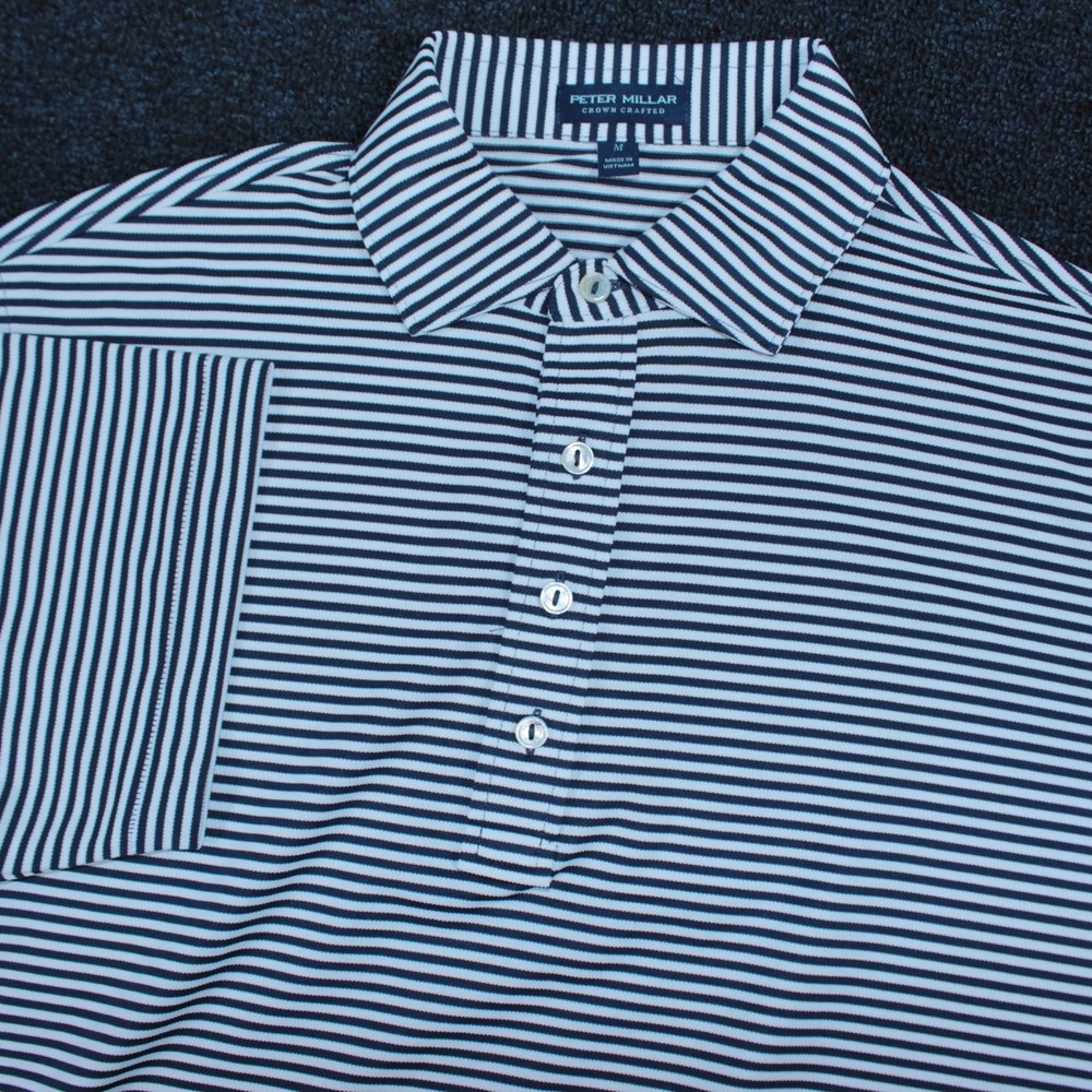 Peter Millar Crown Crafted Mood Polo Mens M Navy Stripe Performance Golf Shirt